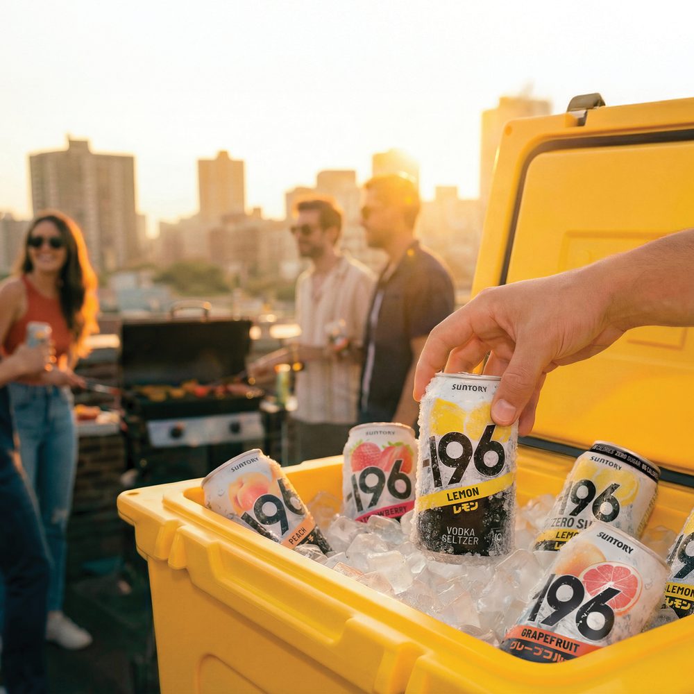 A hand pulling a can of -196 vodka seltzer from a cooler of ice at a rooftop gathering.