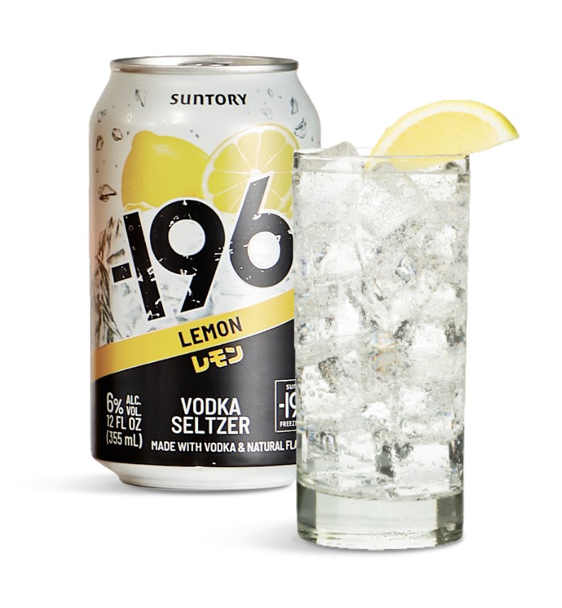 A can of -196 Lemon Vodka Seltzer and a glass over ice with a lemon wedge