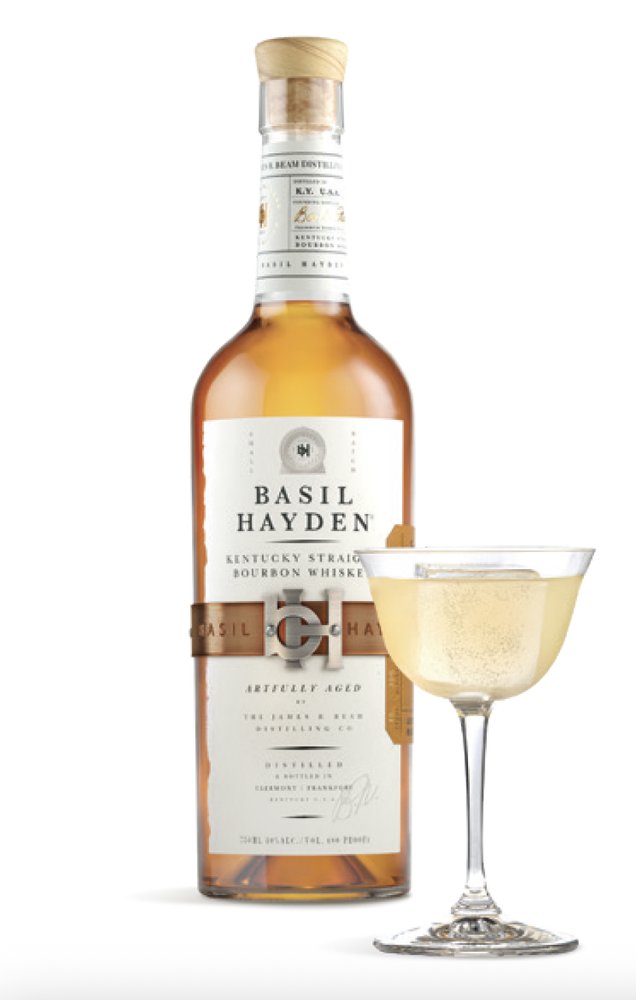 Basil Hayden bourbon and a Basil Hayden 75 in a coupe
