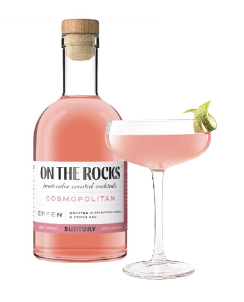 A bottle of On The Rocks Cosmopolitan and a poured Cosmopolitan in a coupe