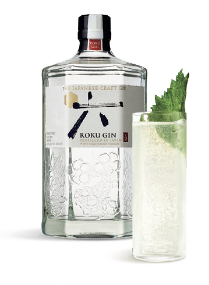 Roku Gin and a Gin Fizz garnished with shiso
