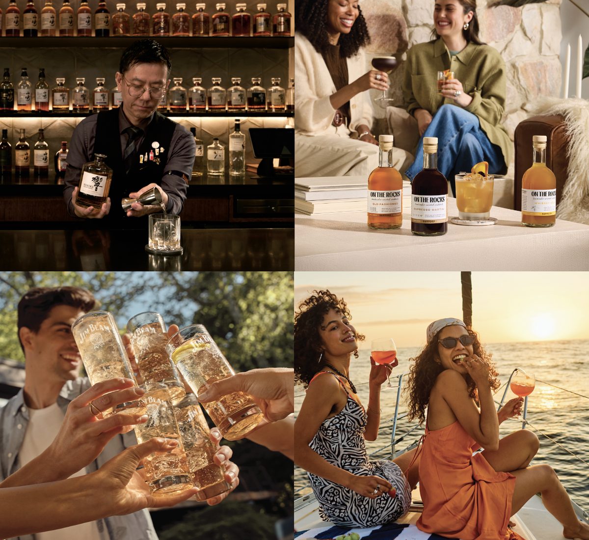 Four moments: a bartender presenting a whisky, friends sharing On The Rocks cocktails at home, a toast with highballs outdoors, and friends with spritz-style drinks on a boat at sunset.